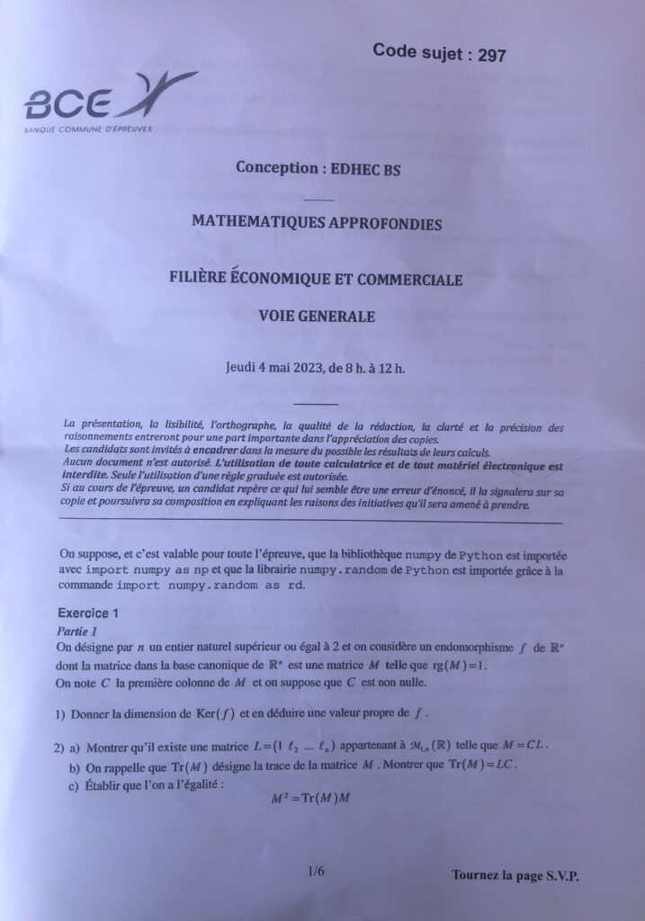 BCE 2023 MATHS APPROFONDIES EDHEC SUJET 1