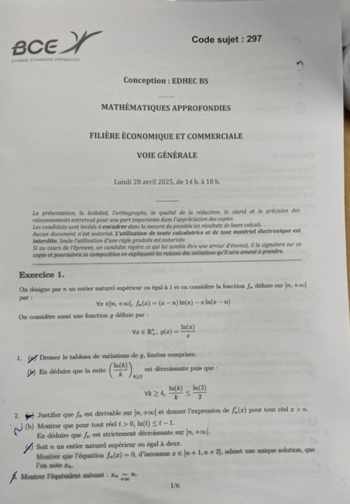 SUJET DE MATHEMATIQUES APPRODONDIES EDHEC 2025
