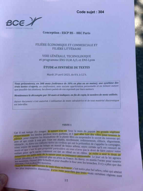 SUJET ETUDE ET SYNTHESE DE TEXTES ESCP HEC 2025