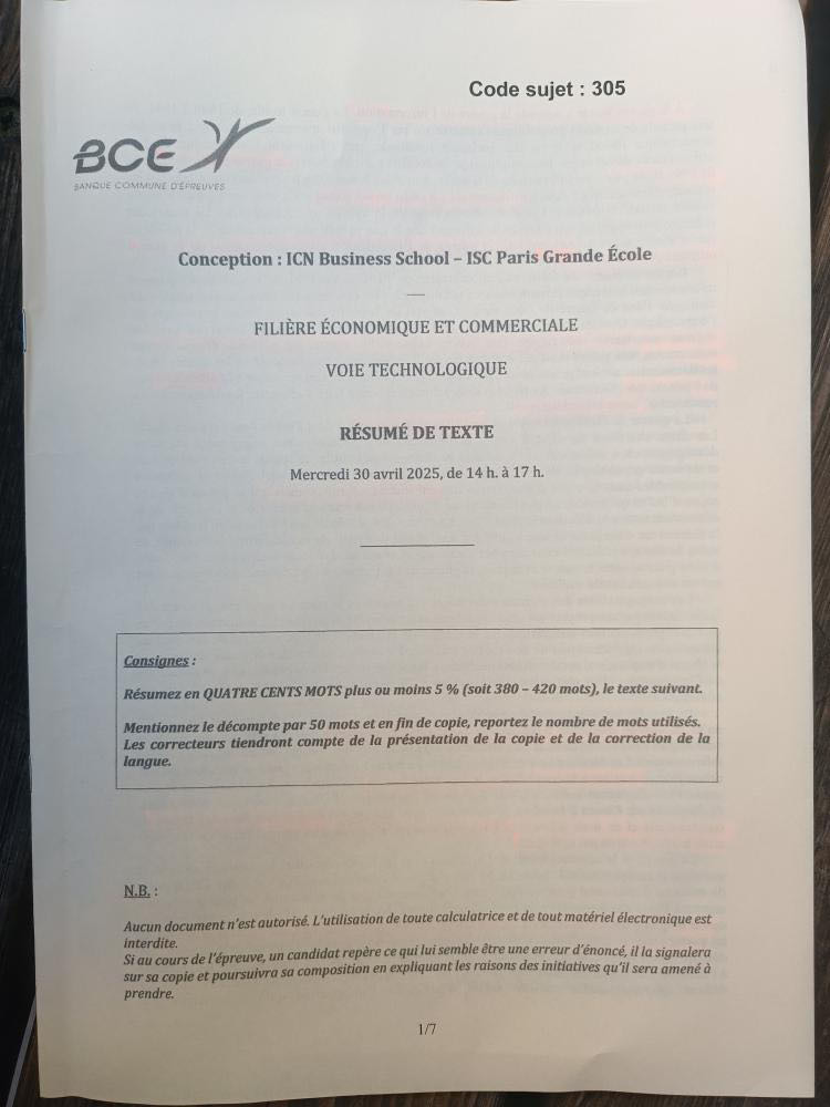 SUJET RESUME DE TEXTES ICN ISC PARIS 2025