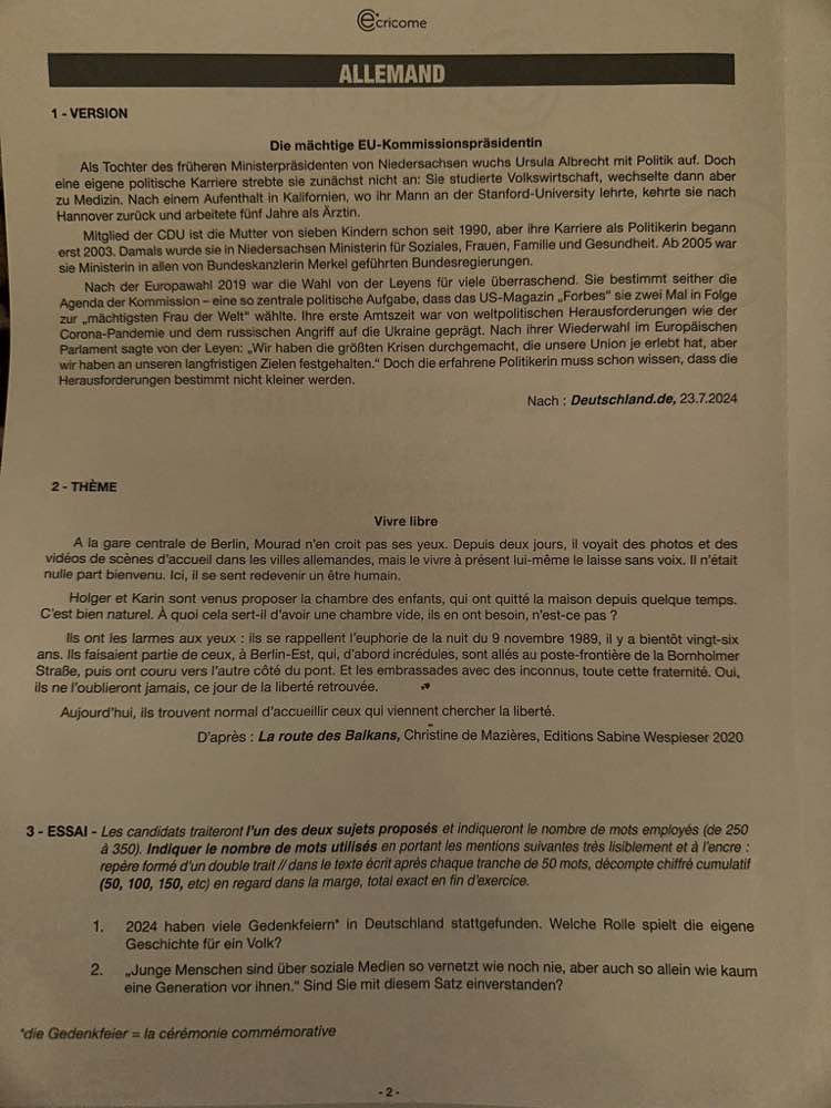 sujet allemand lv1 ecricome 2025