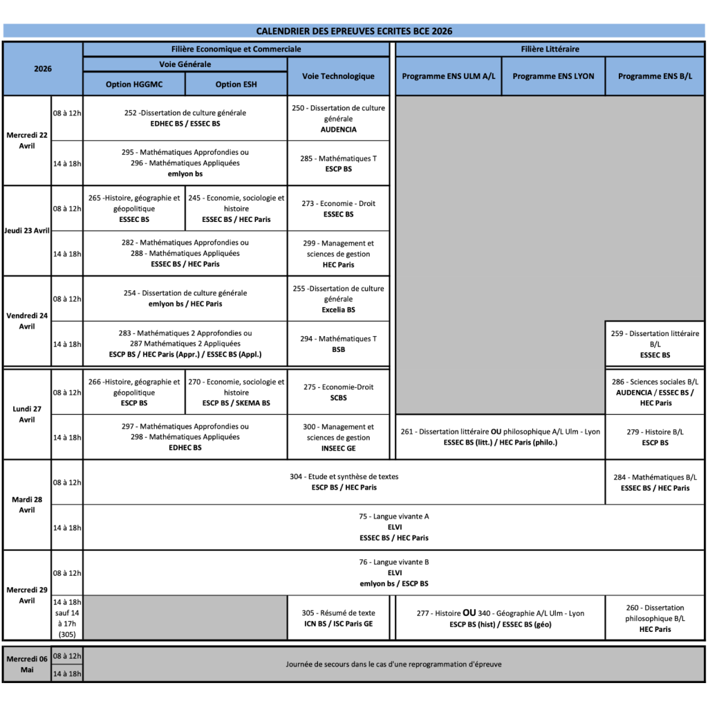 calendrier epreuves BCE 2026
