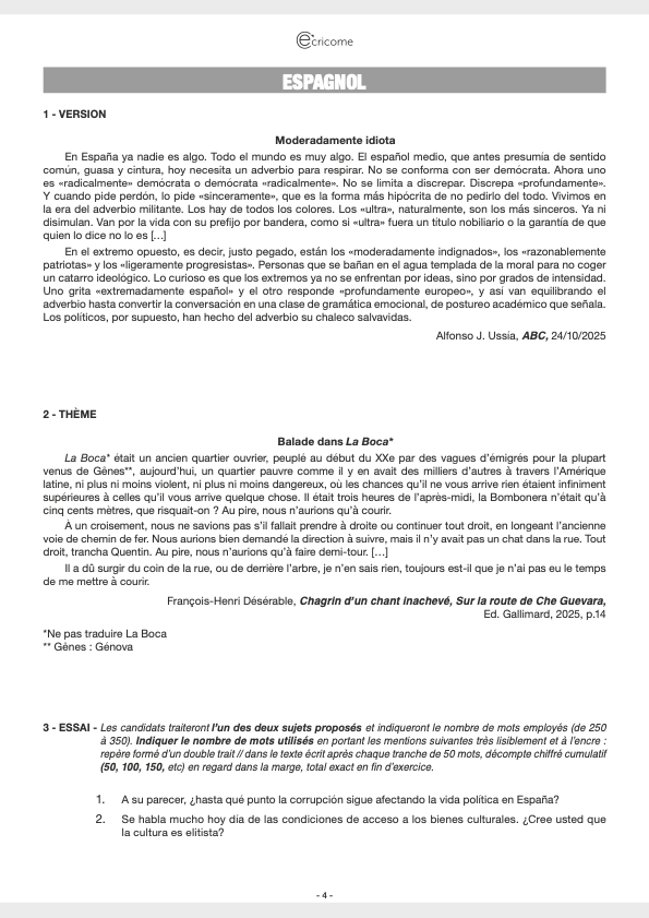 SUJET LV1 ESPAGNOL ECRICOME 2026