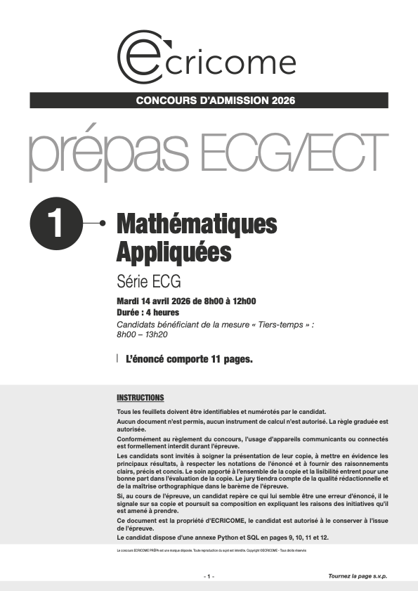 SUJET MATHS APPLIQUEES ECRICOME 2026